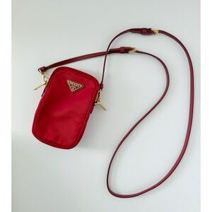 Prada Tessuto Double Zip Phone Case Crossbody Bag Red Nylon Mini Bag Authentic